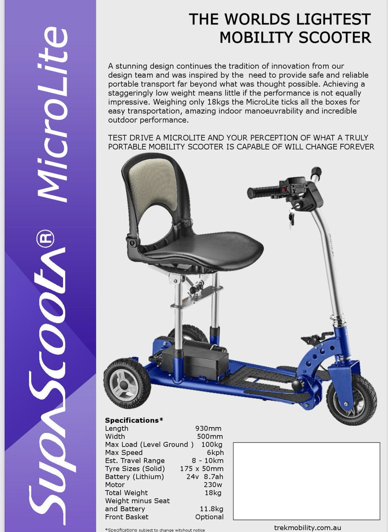 Preowned - SupaScoota Microlite - 11.8kg Airline Approved Small Portable Size Mobility Scooter - Including 3 Month Warranty (100kg Safe Load)